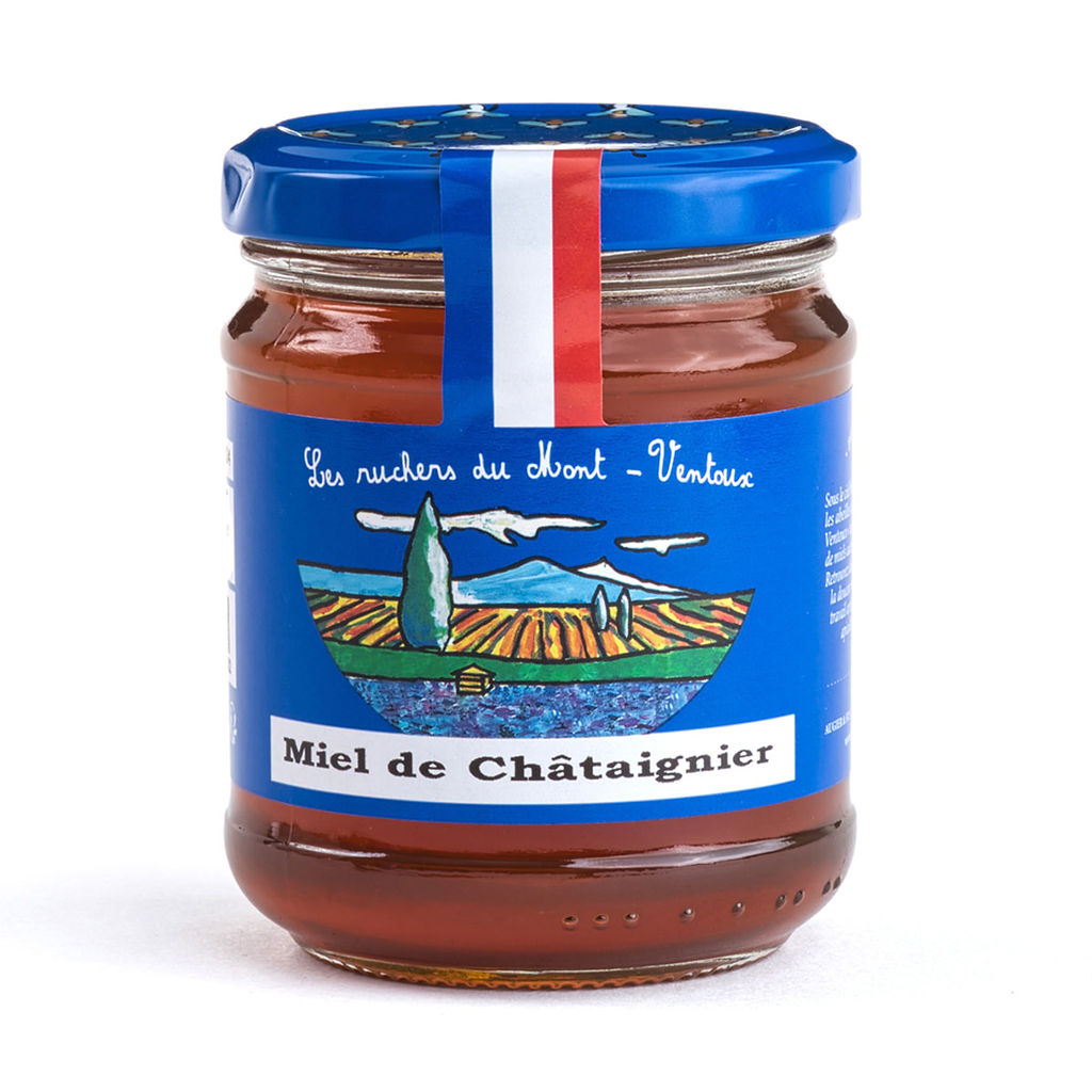 Les Ruchers du Mont Ventoux Chestnut Tree Flower Honey is a full-bodied, powerful honey. It is a honey that may be used in the kitchen to corse sauces, add sweetness to marinades, and sublimate fresh goat cheese. It is a honey with a substantial and pleasant flavor.