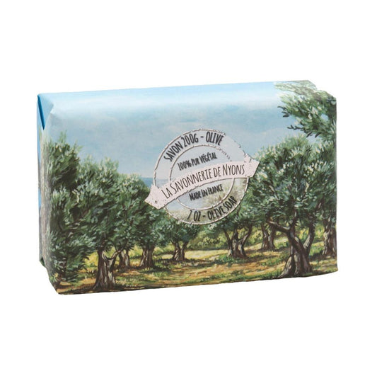 La Savonnerie de Nyons Olive Soap, 200g, with Provence-inspired watercolor packaging, enriched with shea butter and Nyons olive oil.