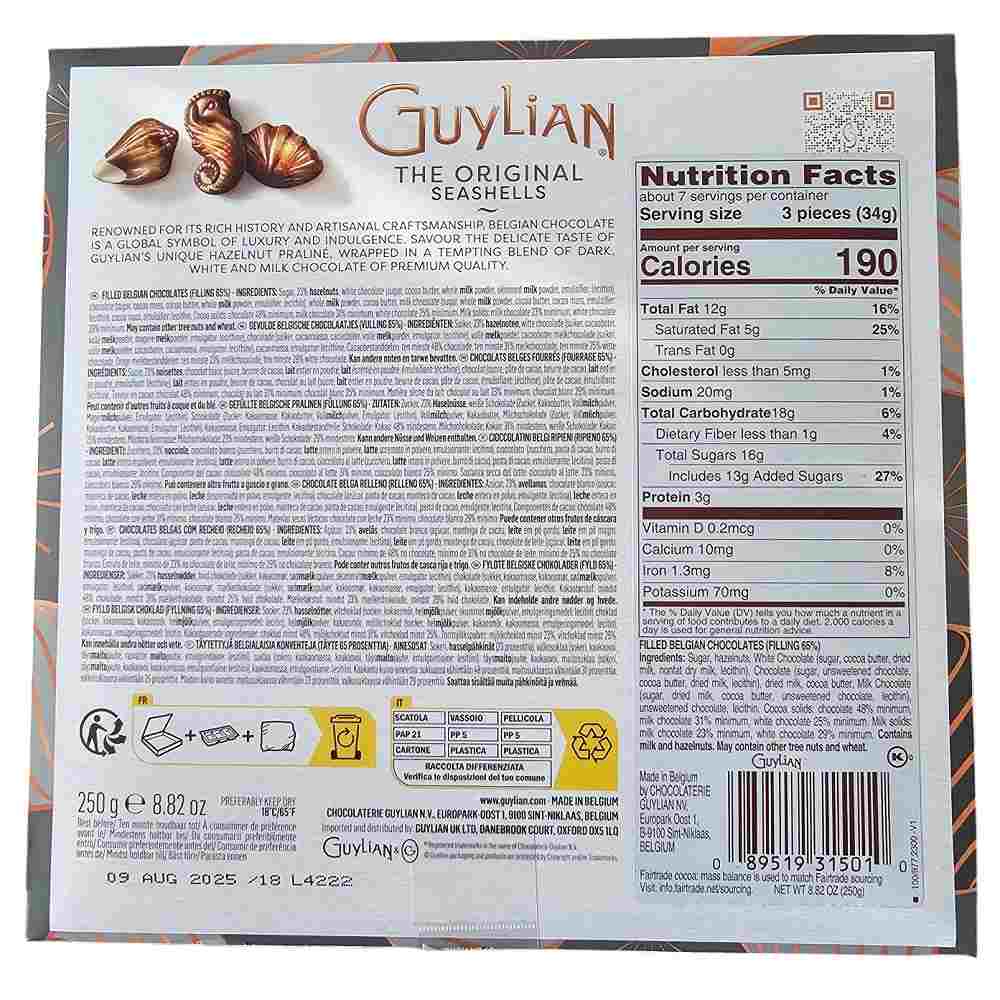 Guylian chocolates are crafted using Fairtrade West African cocoa beans and premium Mediterranean hazelnuts, bringing together the finest ingredients and traditional Belgian confectionery expertise. Presented in a festive holiday gift box, these chocolates make the perfect indulgent treat or a thoughtful gift for any occasion.