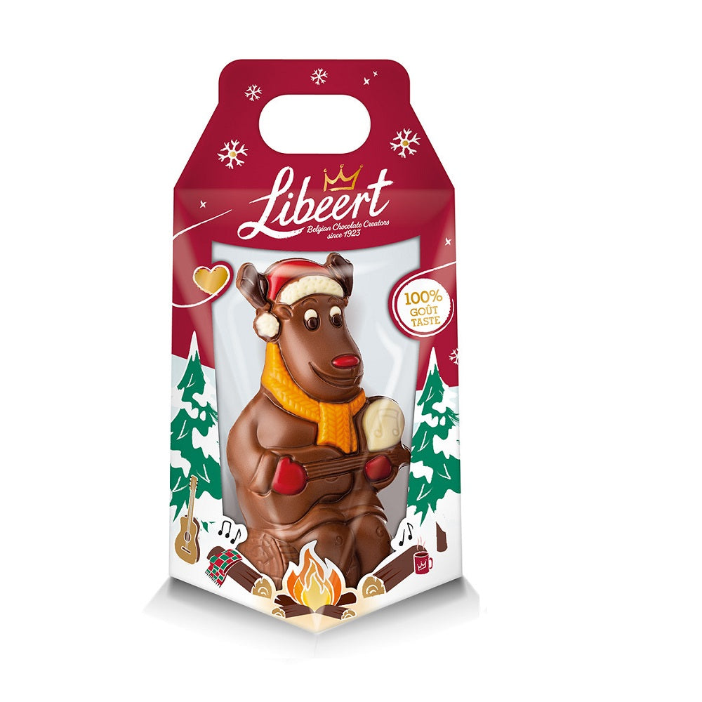  Libeert's Rudolph Milk Chocolate Reindeer – Guitar Edition. This fun and charming reindeer, crafted from creamy Belgian milk chocolate, features Rudolph playing a guitar, adding a playful touch to any celebration. Perfect for gifting or as a delightful treat for yourself, this whimsical reindeer is sure to bring a smile to both children and adults.