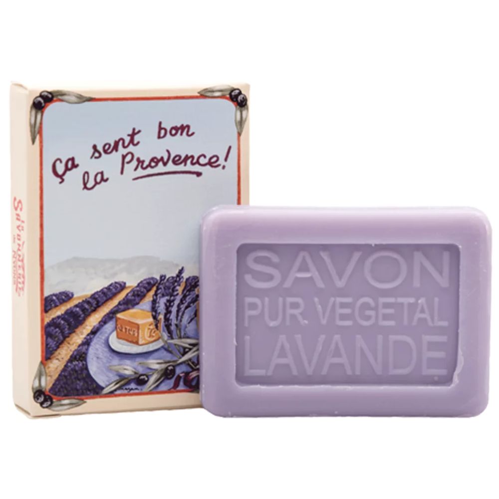 La Savonnerie de Nyons Guest Soap Lavender Fields, 25g, with lavender-themed packaging illustrated by Luc Mazan.