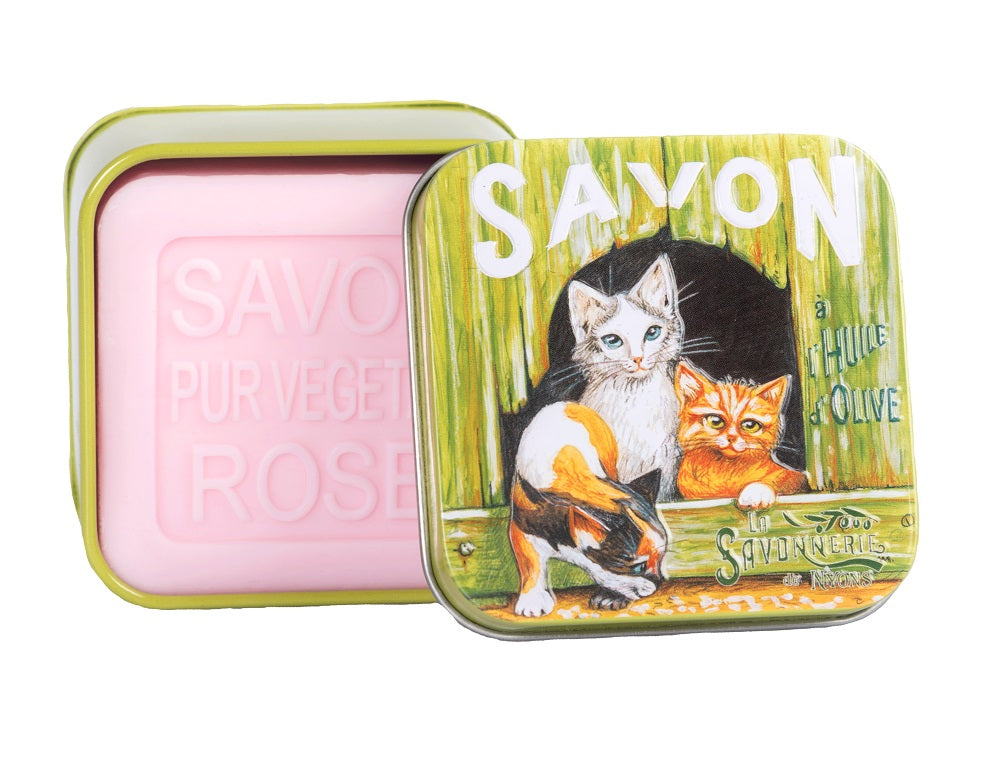 Indulge in the charming 'Trio of Cats' vintage tin soap by La Savonnerie de Nyons, featuring a rose-scented soap enriched with shea butter and olive oil, perfect for cat lovers.