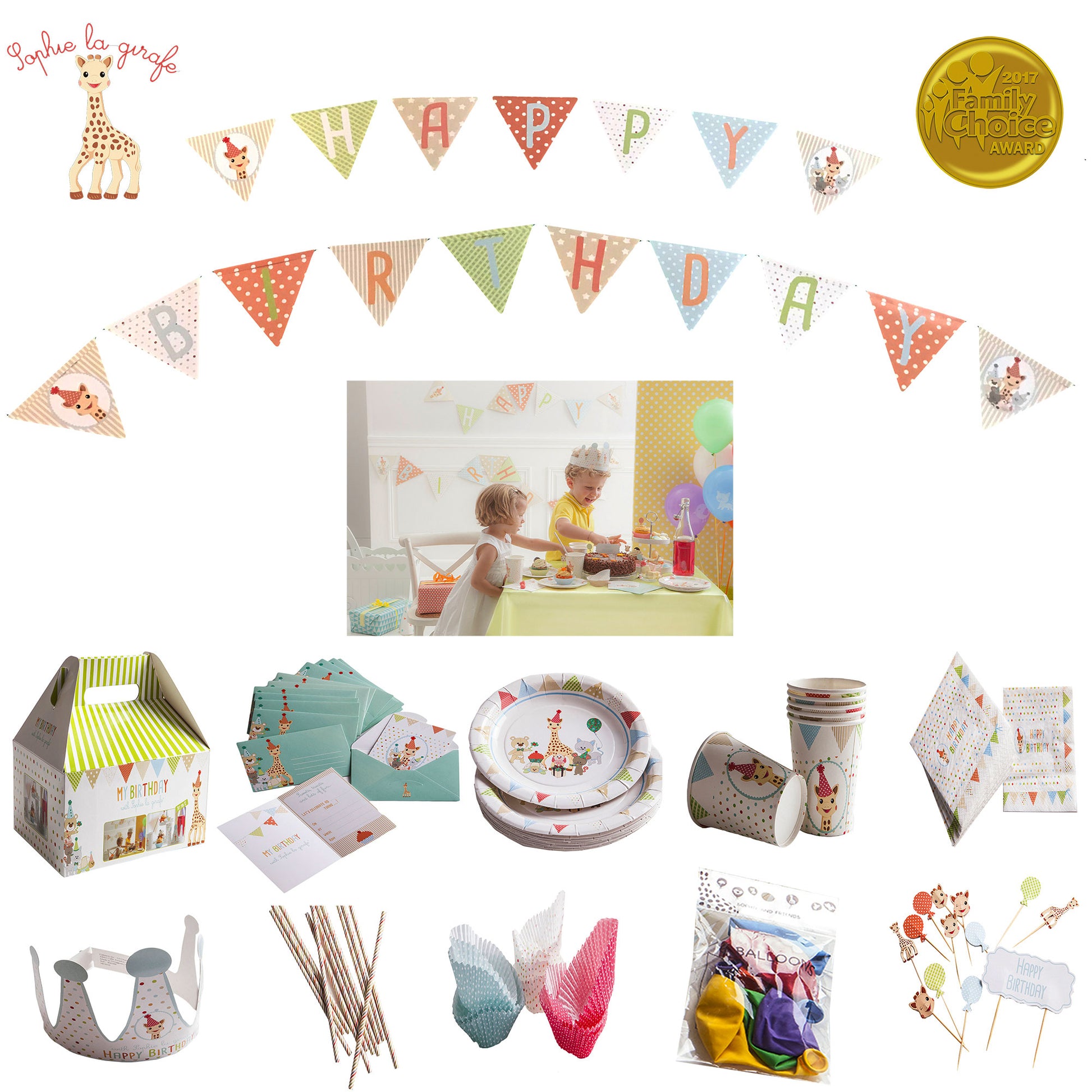 All elements in our Sophie la Girafe Birthday Set Party are created from 100% recycled paper, in keeping with our commitment to sustainability. Celebrate special occasions with eco-friendly charm and Sophie la Girafe's ageless allure.