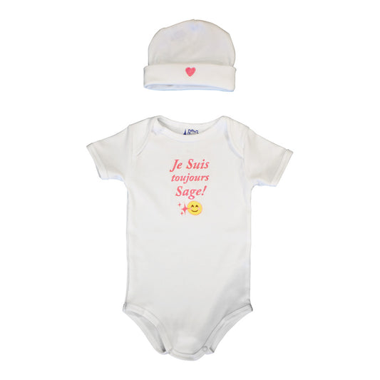 Le Panier Francais Set Baby Cap and Body " Je Suis Toujours Sage "Pink