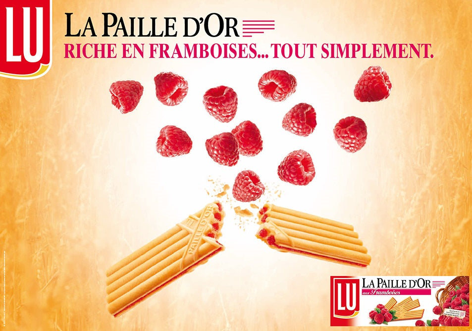 Experience the pleasure of LU Paille d'Or wafers, available in a convenient pack of 170g. Each wafer is filled with luscious raspberry goodness, crafted without any artificial colors, preservatives, or flavors.