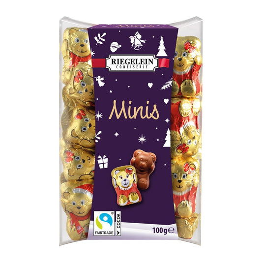 This package of 20 solid chocolates from Riegelein is a wonderful holiday present for anybody who enjoys delectable chocolate. Mini chocolate bears from Riegelein that are wrapped in colorful, holiday-themed foil and filled with real German chocolate are tempting tiny bite-sized sweets.