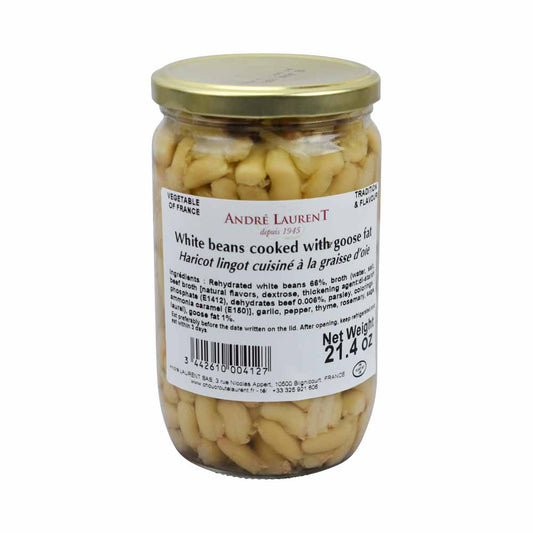 A typical white Lingot bean, cooked in goose fat, with dried meat, beef broth, herbs, and spices are the base for Andre Laurent White Beans. Perfect for Cassoulet!