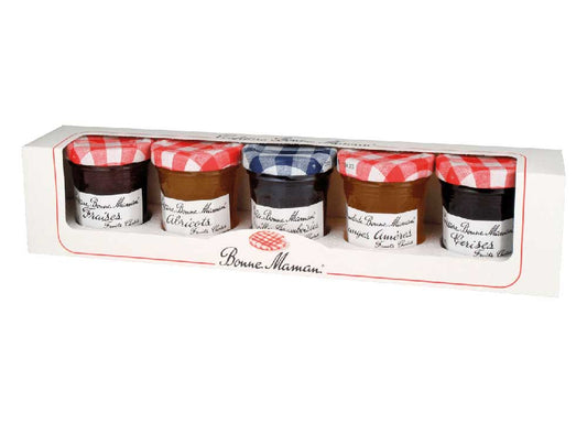 This gift set from Bonne Maman is fun to give! This set contains 4 mini jars of 50 grams of flavor: cherries, strawberry, apricots, and red currant-raspberries. The fifth mini jar of 50 grams of orange marmalade completes the set.