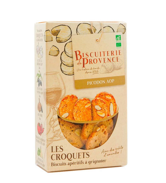 A snack or a salad will be enhanced by the presence of whole almonds and picodon (goat cheese) with these Croquets Bio Picodon biscuits from La Biscuiterie de Provence.
