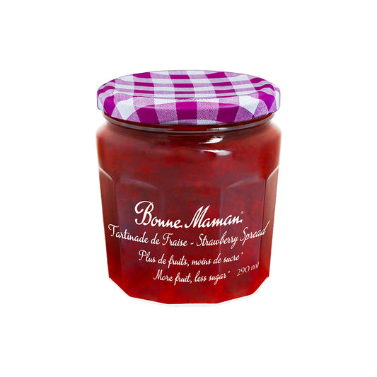 Bonne Maman's More fruit, less sugar Strawberry Spread contains 38 percent less sugar than our original jams despite being bursting with chunks of fruit that have been melted together.