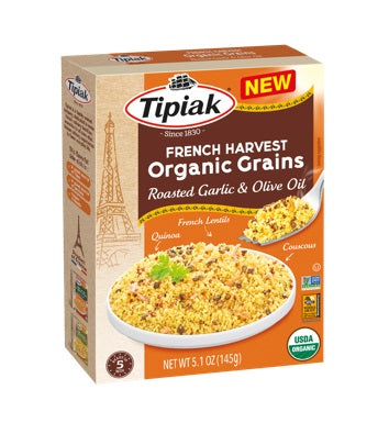 nspired by the elegance of the French Riviera, Tipiak French Harvest Organic Grains Roasted Garlic & Olive Oil grains offers an easy way to enjoy wholegrains. A fine blend of French of green lentils, quinoa, and whole wheat couscous, delicately seasoned with roasted garlic and olive oil.